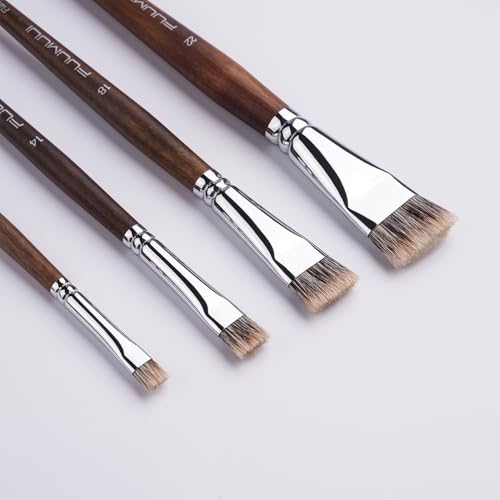 Fuumuui Professional Paint Brush Set, 4Pcs Natural Badger Hair with Flat Shape Blending Mop Oil Paint Brushes for Acrylic Painting Oil and Gouache - style: Flat