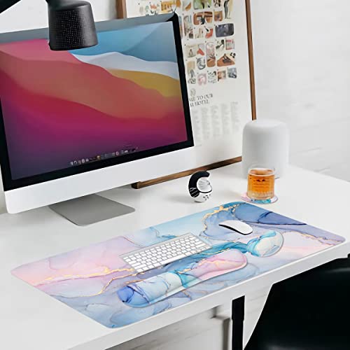 Large Mouse Pad Desk Dad, 4-in-1 Keyboard Wrist Rest Pad & Wrist Support Mouse pad Set, Extended Desk Pad Waterproof Desk Mat for Home Office Study Game-Blue Marble - color: Blue