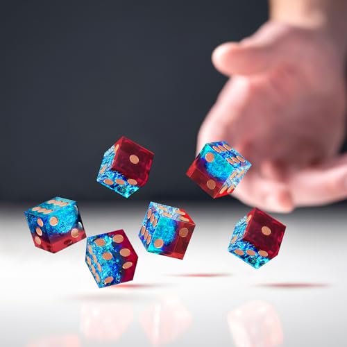 AUSTOR 6 Sided Dice 16mm, 6 Pieces D6 Dice Handmade Sharp Edge Resin Dices Set with Metal Case for Tenzi, Farkle, Yahtzee, Bunco or Teaching Math, Flame Red & Ice Blue - color: Flame Red & Ice Blue