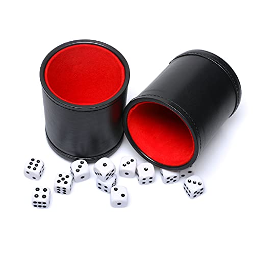 Felt Lined PU Leather Dice Cup Set with 6 Dot Dices (Black, Pack of 2) - color: Red
