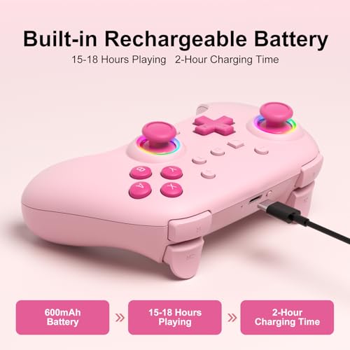SIMGAL Wireless Controller for Switch/PC, Breathing LED, Pink | Wireless gamepad with 6-axis gyro/dual vibration/ergonomic, Switch Lite/OLED/Steam Deck/PC compatible, bluetooth/wired