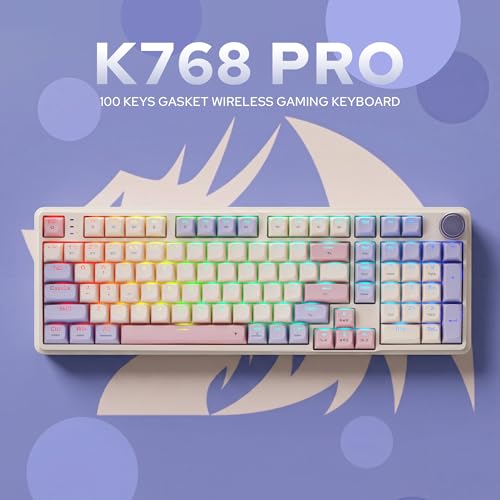 Redragon K768 PRO 100 Keys Wireless Gasket RGB Gaming Keyboard, Massive 8000 mAh PBT Mechanical Keyboard w/Hot-Swap Socket, Dedicated Knob Control & 5-Layer Noise Dampening, Custom Yolk Linear Switch - color: Lilac Land