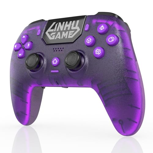 Linhugame Wireless Controller for PS5/Pro/Slim/PC, with Transparent Shell/RGB Tape Light/Hall Effect Joyticks and Trigger/Macro/Turbo/3.5mm Audio Jack/Speaker and Mic/1500 mAh Large Battery Gamepad(purple)