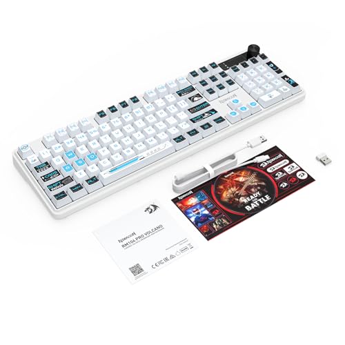 Redragon K526 PRO RGB Wireless Membrane Gaming Keyboard, 104 Keys Mechanical-Feel Keyboard w/LED Info Display, Media/Backlit Knob Control, Smooth Linear Switch & Software Supported - color: White
