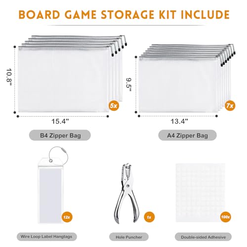Lukeline Board Game Storage Kit with 12 Sets of Zipper Pouch Bags and Sorting Label Tabs, Board Game Organizer and storage for Board Games, Bricks, Puzzles, Toys, Craft Projects, School Supplies