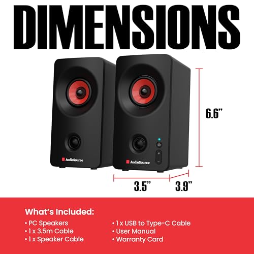 Audiosource Desktop PC Speakers with Bluetooth 5.3, USB-C Plug & Play, 2.0 Stereo Computer Speakers with Dual 2" Drivers, Compact Design, AUX Input, LED Indicator (Black) - color: Black