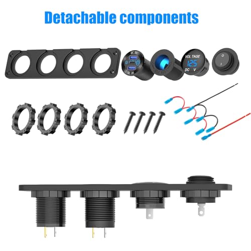 4 in 1-12V USB Outlet RV Accessories Marine Switch Panel Plug, PD3.0 and Dual QC3.0 Car USB Port Aluminum Charger, Lighted 150W Cigarette Lighter Socket, Blue LED Voltmeter and Toggle Switch DIY Kit - color: Charger+Socket+Voltmeter+Switch