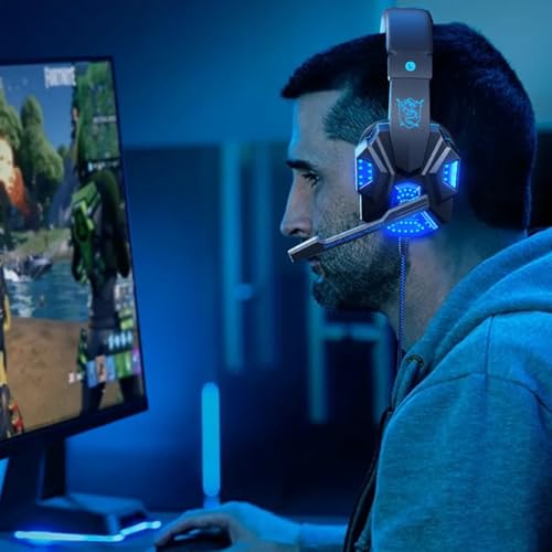 Stereo Gaming Headset for PS4 PC Xbox One PS5 Controller, Noise Cancelling Over Ear Headphones with Mic, LED Light, 7.1 Surround Sound, Soft Memory Earmuffs for Nintendo Xbox Series X|S-Black/Blue - color: Black/Blue