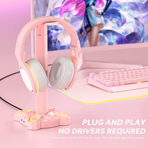 KDD Headphone Stand with Light Modes - Rotatable Pink Game Headset Holder with 3.5mm AUX & 2 USB Port - Suitable for PC Desk Accessories Gamers Gift(Pink) - color: Pink