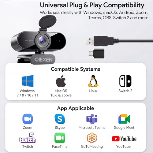 1080P Webcam with Microphone Noise Reduction, Auto Exposure, 90°FOV Wide Angle, Privacy Cover, USB-A to C Adapter, Plug & Play Streaming Camera for PC/Mac/Switch 2, Zoom/Teams/Skype/Meetings