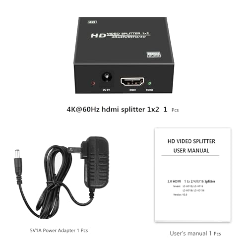 4K@60Hz 1x2 HDMI Splitter 4:4:4,18 Gbps,2 Port Powered HDMI 2.0 Splitter 1 in 2 Out Support Dual Monitors,Only Duplication/Mirror Screens (Not Extend) for HDTV/PS5 - size: 4K@60Hz 1x2 splitter