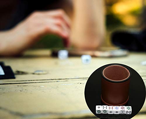 Leatherette Dice Cup with Poker Dice, Felt Lining Quiet Shaker for Playing Yahtzee/Farkle/Liars Dice, - color: Brown With Poker Dice