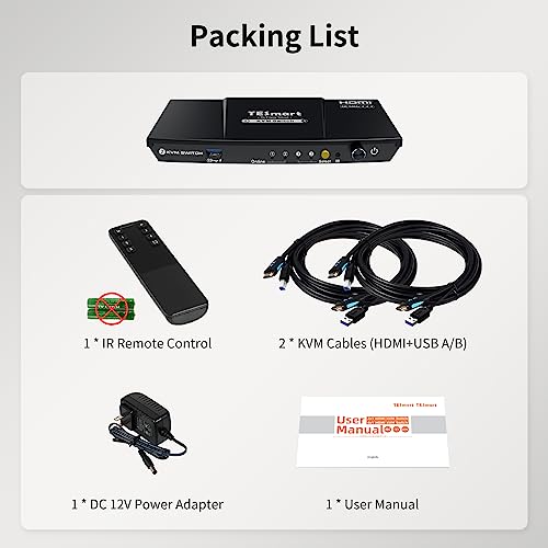 TESmart USB 3.0 HDMI KVM Switch 1 Monitor 2 Computers 4K@60Hz, L/R Audio & Microphone, 2 Port EDID Emulators, Hotkey Switching, Button Switching with Remote Switch and All Input Cables - size: USB 3.0 for 2 computers 1 monitor