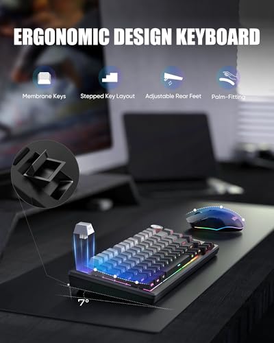 RedThunder K75 Wireless Membrane Keyboard & Mouse Combo,75% Side-Engraved Keycaps,Optical Gaming Mouse with 4800DPI,3 Modes(BT/2.4G/Wired),Dual System,RGB Backlit,Rechargeable Battery,Gradient Gray - color: Gray Gradient