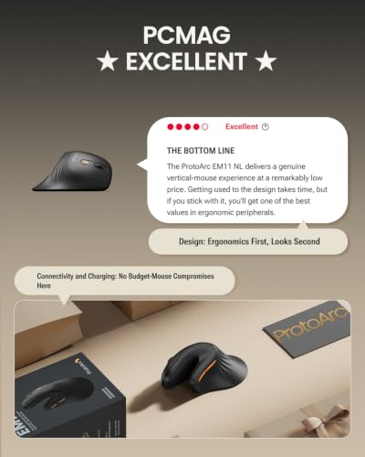 ProtoArc EM11 NL Wireless Ergonomic Vertical Mouse, Rechargeable, Black | 58° vertical design supports a natural wrist posture, connect 3 devices via Bluetooth/2.4G USB-A, 500mAh USB-C rechargeable. - color: Black