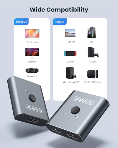 HDMI Switch 4K@60Hz, Bidirectional HDMI Splitter 2 in 1 Out, Aluminum HDMI Switcher Supports Ultra HD 4K 1080P 3D HDR, Compatible for Fire Stick, PC, Xbox, PS5/4/3, Roke, Blu-Ray Player