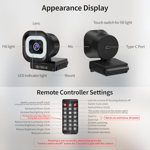 TOALLIN 4K Webcam with Ring Light, Remote Control, PDAF Autofocus | Built-in Dual Mic, 5X Zoom & Image Mirroring, USB Computer Camera for Live-Streaming/Meetings/Video Calls - style: 4K Webcam with Ring Light