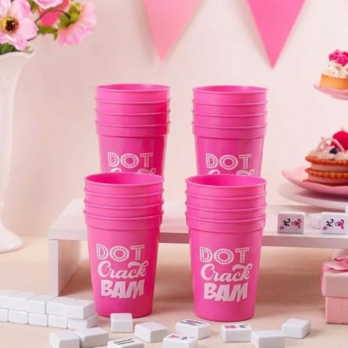 16Pcs Mahjong Plastic Cups Reusable 16oz DOT Crack BAM Party Supplies Themed Birthday Game Night (Pink)