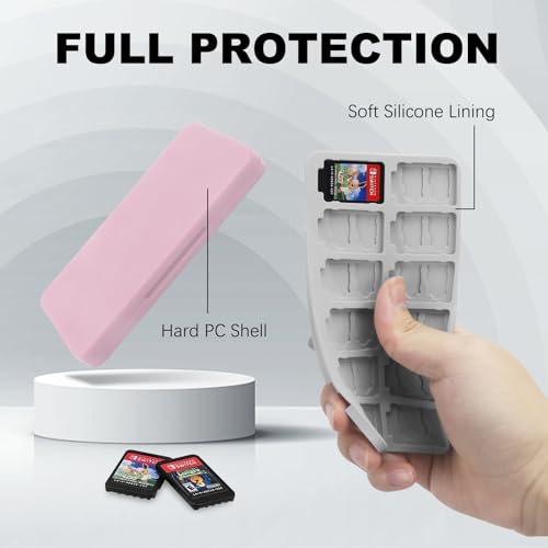 FYY Nintendo Switch Game Case Holder for Switch 2 Cartridge, Pink | 24 Game Card Slots & 48 Micro SD Card Slots, Hard Shell, Silicone Lining - color: B-Pink