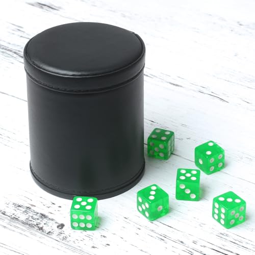 Faux Leather Dice Cup Set, Soft Velvet Interior Dice Cup Shaker Quiet with 6 Green Translucent Dice for Liars Dice/Farkle/Yahtzee Games, 1 Pack - color: Green#b