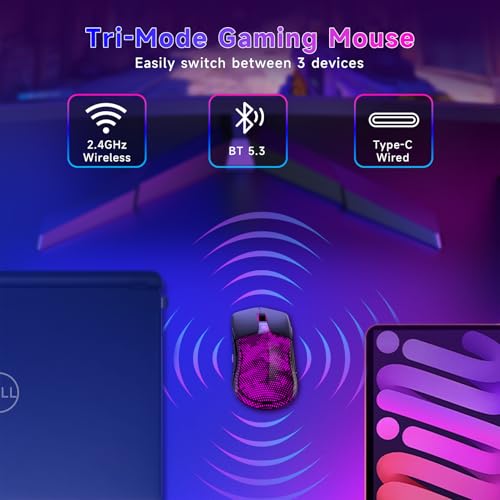 FFJ Master02 Wireless Gaming Mouse, 12000 DPI, Tri-Mode 2.4G/USB-C/Bluetooth 5.3 Gaming Mouse, Python Skin Texture RGB Backlit, 6 Programmable Buttons, 75Hr Battery Life for PC, Mac, PS5, XBOX - Black