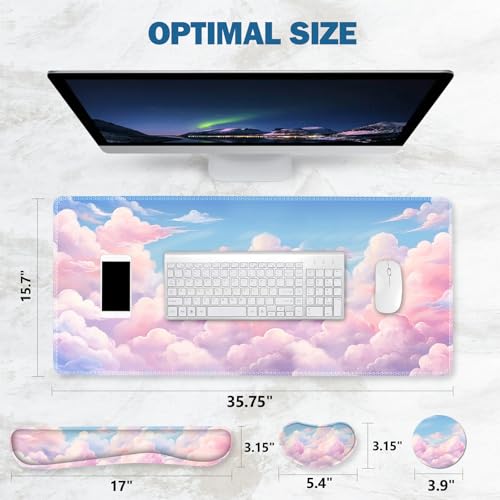 ToLuLu Large Mouse Pad Desk Pad, Wrist Rest Desk Mat for Keyboard and Mouse | 4PCS 35.4”x15.7" XXL Giant Mouse Pad Set, Non-Slip Base Stitched Edges Support Mousepad for Home Office, Dreamy Clouds - color: Dreamy Clouds