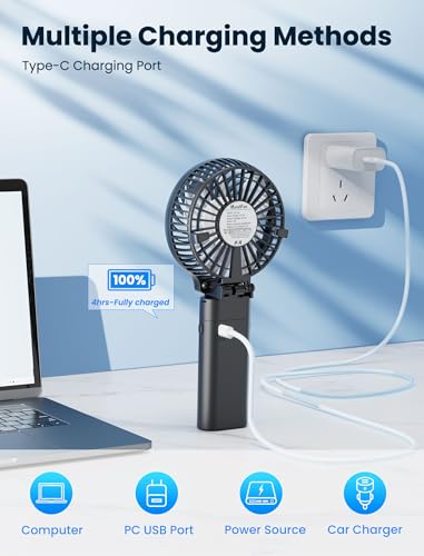 HandFan 5200mAh Portable Handheld Fan, Personal Hand Held Fan USB Rechargeable, 180° Foldable,3 Speeds Strong Airflow Cooling Fan for Travel/Outdoors/Beach/Concerts/Disney/Games/Picnics/Park (Black) - color: Clear‑Blade Matte Black