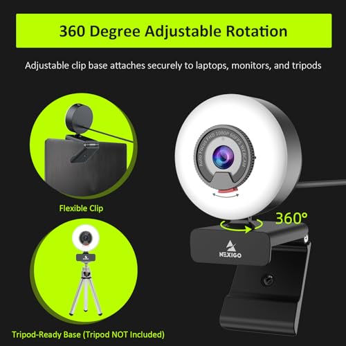 NexiGo N960E 1080P 60FPS Webcam with Light, Software Included, Fast AutoFocus, Built-in Privacy Cover, USB Web Camera, Dual Stereo Microphone, for Zoom Meeting Skype Teams Twitch - style: Webcam with Light