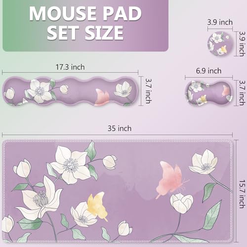 AIMSA Flower Desk Mat, Purple Mouse Pad with Wrist Rest Set, XXL Mousepad+Keyboard Wrist Rest+Mouse Pad Wrist Support+Coaster for Home Office Accessories - color: Purple Flowers