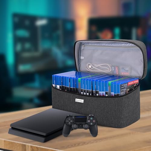 CURMIO Game Disc Holder Case, Storage Bag for Up to 24 Video Discs, Black | Compatible with PS4/PS4 Pro/PS3/PS5/Xbox One/Xbox Series X/S Video Game Discs, Top Handle, Portable, Home and Travel Use - color: Black