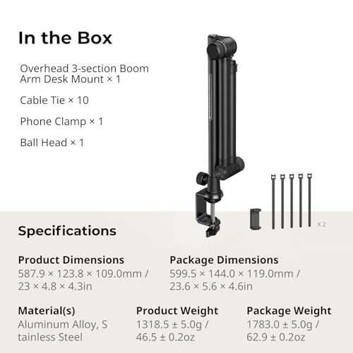 SmallRig Overhead 3-Section Desktop Camera Bracket, Damping Boom Arm Desk Mount with 360 Rotatable Ball Head, Tabletop C Clamp, Max Load to 4.4lbs / 2kg for Photography Videography Live Stream - style: Clamp 4324