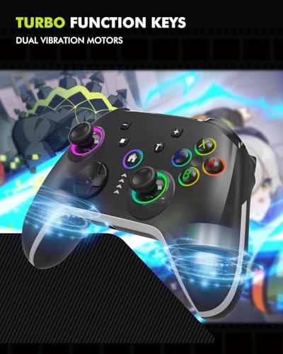 Bluetooth Controller Compatible with iPhone MFI/Android HID/Switch/Apple Arcade Games/Mac/Laptop/Steam Wireless Game Controller, Wired PC Control with Phone Clip RGB Lightning Turbo Vibration 6-Axis Gyro - color: Black-02