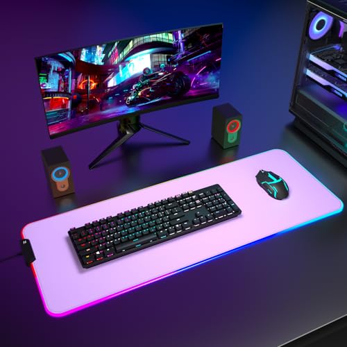 ITNRSIIET RGB Gaming Mouse Pad, Full Desk XL Extended Large Gaming Mousepad, 12 Lighting Modes 30% Thicker Big LED Desk Mat for Gamers, 32 x 12 inches, Purple - color: Purple