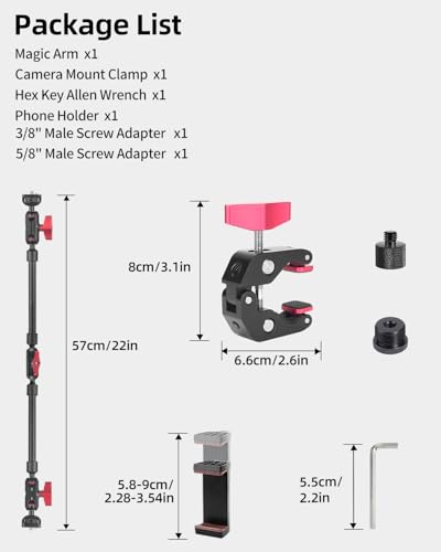 22" Magic Arm w Clamp Mount, Overhead Desk Phone Mount Stand, Adjustable Articulating Friction Camera Boom Arm w 1/4" Thread for Phone Video Light Webcam Action Camera Tripod Mic - size: 22IN-RB