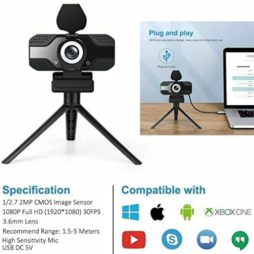 1080P Webcam with Privacy Cover Streaming Webcam with Microphone USB Tripod