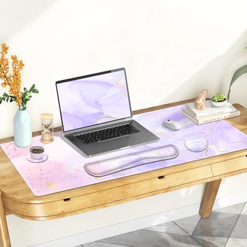 Large Gaming Mouse Pad Set, 4 in 1 Extended Keyboard Desk Mat with Wrist Rest, PC Computer Game Mousepad Set, Non-Slip Desk Pad Easy Typing Pain Relief for Home Office I Pink Purple Marble - color: Pink Purple Marble