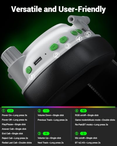 Krysenix Wireless Gaming Headset for PS5 & PC, 50mm Titanium Drivers, Low-Latency 2.4GHz & Bluetooth, Adjustable Noise-Cancelling Mic, Foldable RGB Over-Ear Headphones – White - color: White