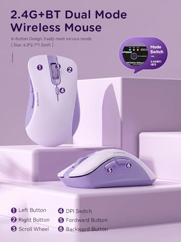 RAPIQUE Bluetooth Wireless Mouse, Dual Bluetooth & 2.4GHz USB Receiver, Right-Hand Design, Quiet Clicks, Low Power, Portable Multi-Device Compatibility for MacBook, Laptop, Computer, iPad, PC - Purple - color: Lavender Purple