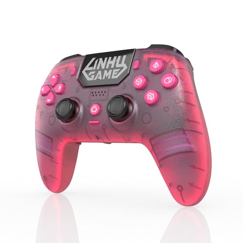 linhugame Wireless Controller for P5/Pro/Slim/PC, with Transparent Shell/RGB Tape Light/Hall Effect Joyticks and Trigger/Macro/Turbo/3.5mm Audio Jack/Speaker and Mic/1500 mAh Large Battery Gamepad (Pink)
