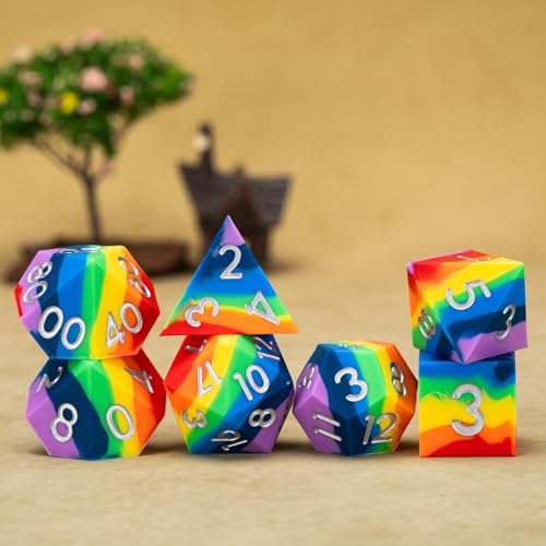 Sharp Edge Silicone Rubber Poly DND Dice Set D&D Polyhedral Dice 7pcs (D4, D6, D8, D10, D12, D20, D%) for Dungeons and Dragons, RPG, MTG for Ages 15 and Up - color: Rainbow 1