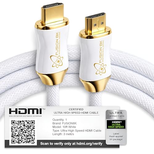 White HDMI 2.1 Cable 3ft - Certified 48Gbps 8K@60Hz 4K@120Hz 10K | HDR Dolby Vision eARC | Braided Cord for PS5 Xbox Series X Apple TV 4K - size: 3 Feet