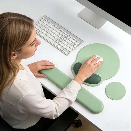 Mouse Pad with Keyboard Wrist Rest,Ergonomic Mouse Pad Wrist Support PU Base with Coaster,Mousepad with Nonslip Base for Computer Laptop Keyboard Home&Office - color: E-Green