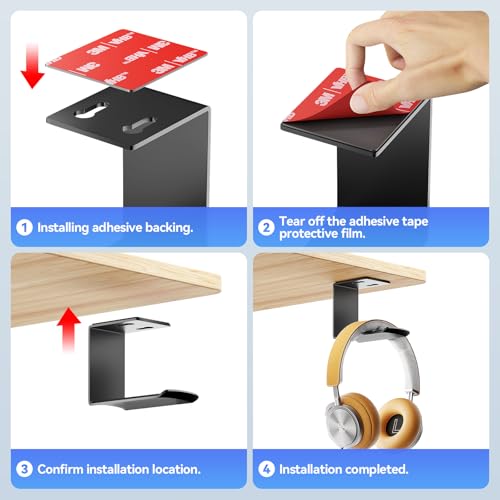 Headphone Stand Hanger,Headset Holder Mount,Aluminum Hook with Strong Adhesive Tape for Headphones (H02-Black-1PCS)