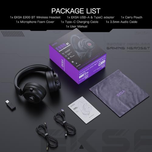 EKSA USB Gaming Headset for PC - Computer Headset with Detachable Noise Cancelling Mic, Surround‑Tuned Audio, 50MM Driver - Headphones with Microphone for PS4/PS5, Xbox One, Laptop, Office (Wireless) - color: Wireless Black