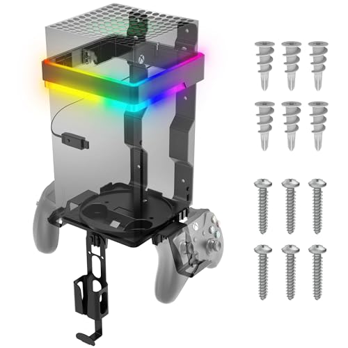 Fosmon Wall Mount for Xbox Series X/S Gaming Console Shelf Kit Stand | Mounted Storage Rack with RGB Ambient Light, Detachable Dual Controller Holder Stand, and Headphone Hanger Accessory Setup
