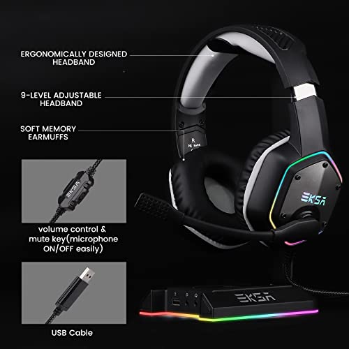 EKSA E1000 USB PC Gaming Headset with Mic, 7.1 Surround Sound | Computer Headphones with Microphone Noise Cancelling, RGB Light, Wired Headphones for PS4, PS5 Console, Laptop, Call Center - color: Grey