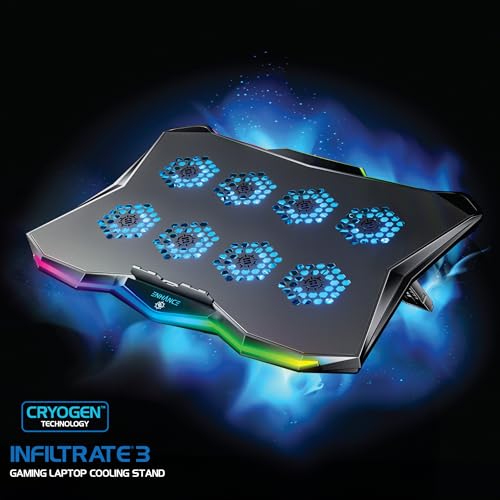 ENHANCE Infiltrate 3 Laptop Cooling Pad with RGB LED Lights - Gaming Cooler Stand with 8 Quiet Fans, 7-Angle Adjustable, Dual USB Hub, Metal Cooling Plate for 13-17.3" Gaming Notebooks