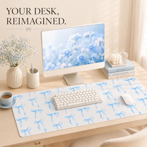 Blue Bow Desk Mat 35.4x15.7 Inch, Large Extended Mouse Pad with Coquette Bow Pattern, Non-Slip Waterproof Desk Pad for Home Office, Study & Aesthetic Setup (Blue Bow) - color: Blue Bow
