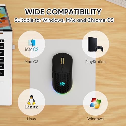 Honeycomb M32 Wireless Gaming Mouse - 2.4GHz RGB Rechargeable Ergo Mouse with Silent Clicks & 3200 DPI for PC/Mac (Black) - color: Black
