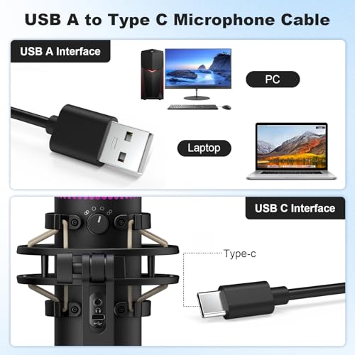 USB C Data Charging Cable Cord Compatible with HyperX QuadCast 2, SoloCast, QuadCast S USB Condenser Gaming Microphone, Replacement for TONOR TC30, Fifine A6/K688, Elgato Wave 3 Mic, 5 FT